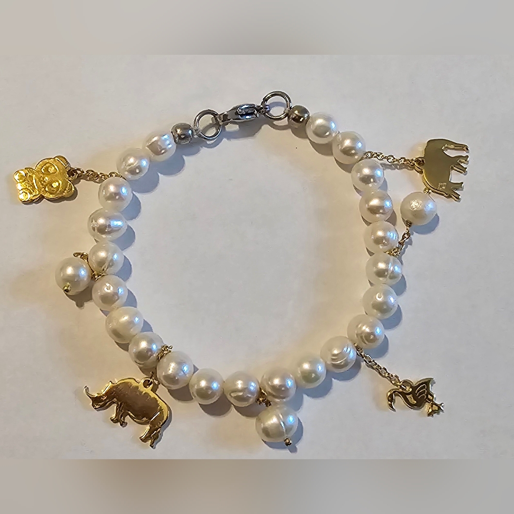 White Fresh Water Pearl Charm Bracelet Gold Color